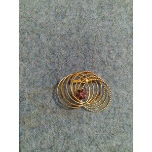 Vintage Gold Tone Brooch Pin with Red Stone Circle Design Statement‎